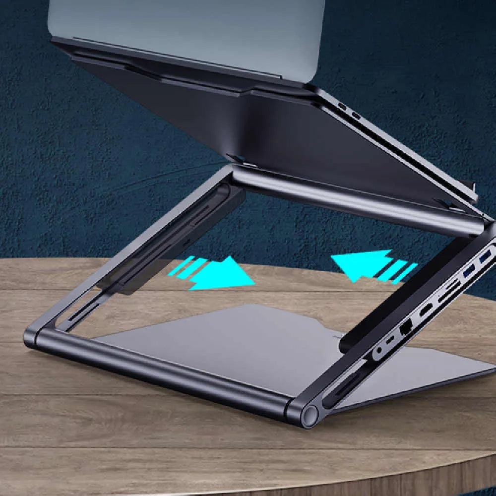 Aluminium laptop stand with 8-in-1 docking station in deep space grey on a desk