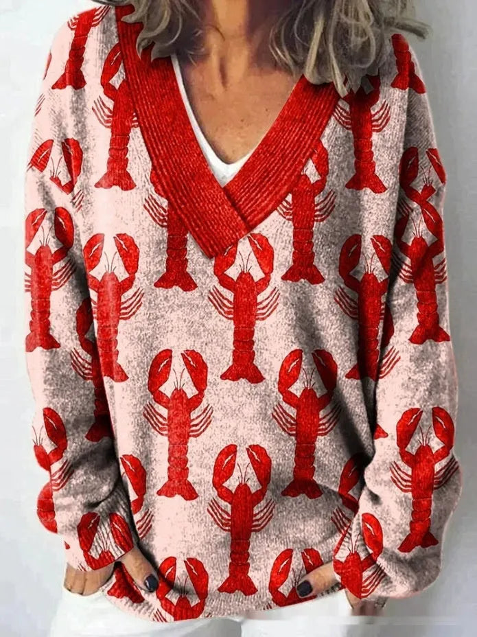 Women's V-neck long sleeve sweatshirt with a detailed 3D floral pattern print in art retro style.