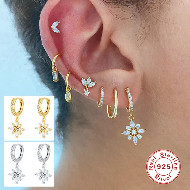 S925 sterling silver snowflake pendant earrings with gemstone inlay in yellow gold or white gold colour finish.