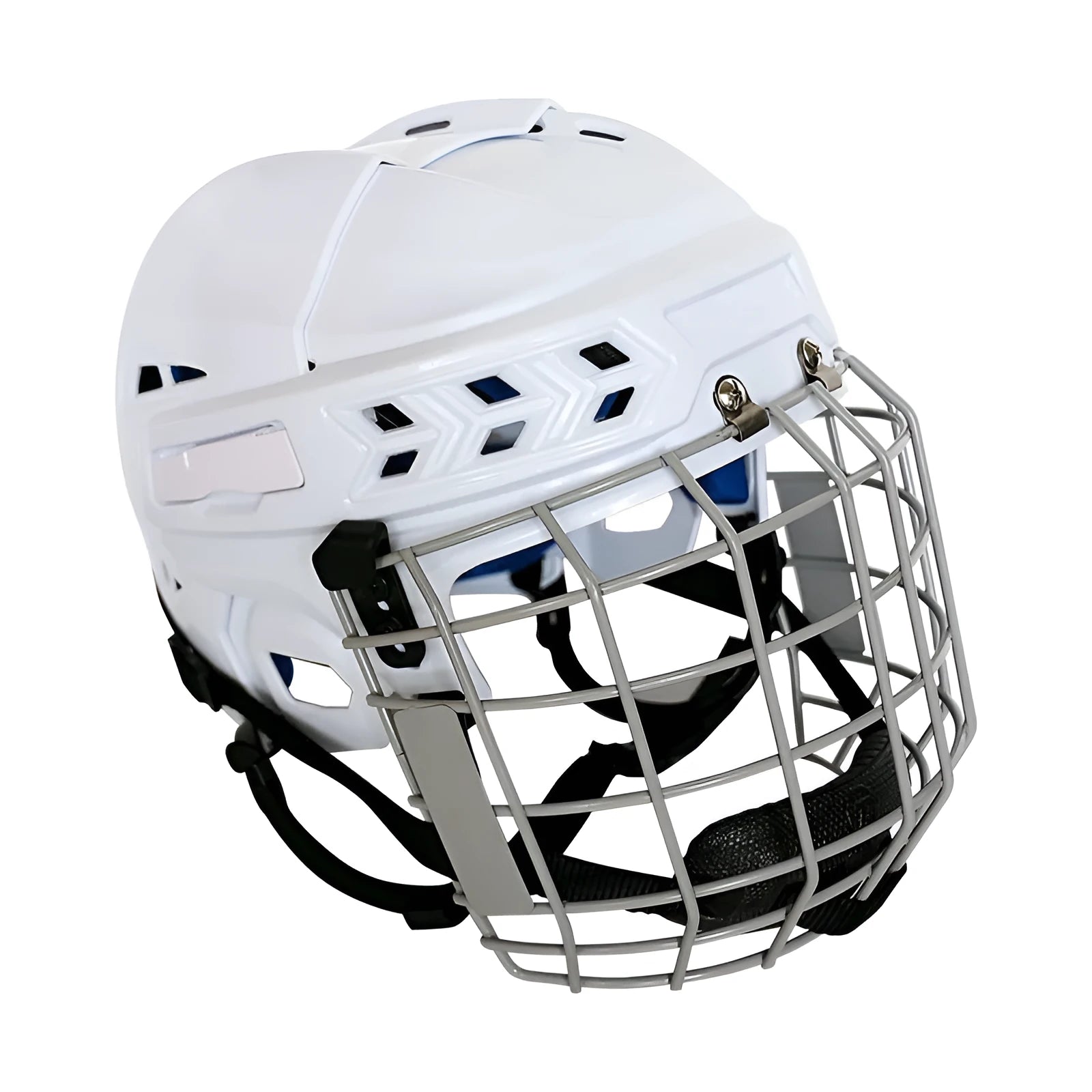 Ice hockey protective helmet with carbon steel face mask showing EVA lining