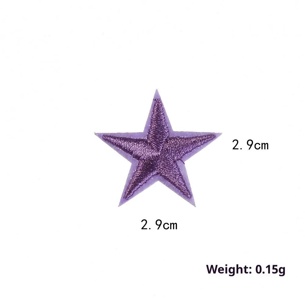 Colourful embroidered five-pointed star designs on cloth sticker labels for DIY clothing customisation.