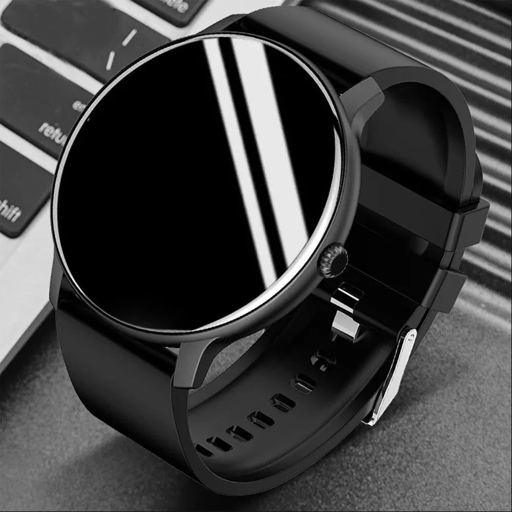 Black blood pressure smart watch with 1.28-inch touch screen display on silicone wristband