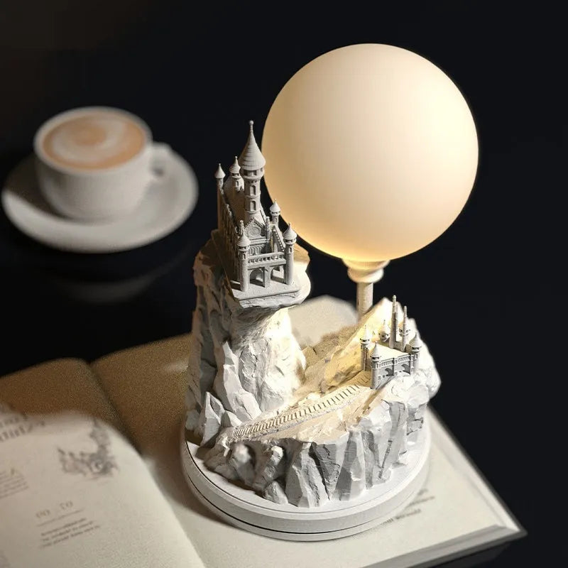 White composite gypsum desk lamp with wire switch, serving as a bedside night light.