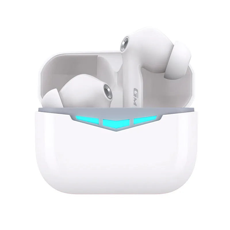 True wireless gaming earbuds and charging case in black, pink, white, or grey colours with silicone ear tips.