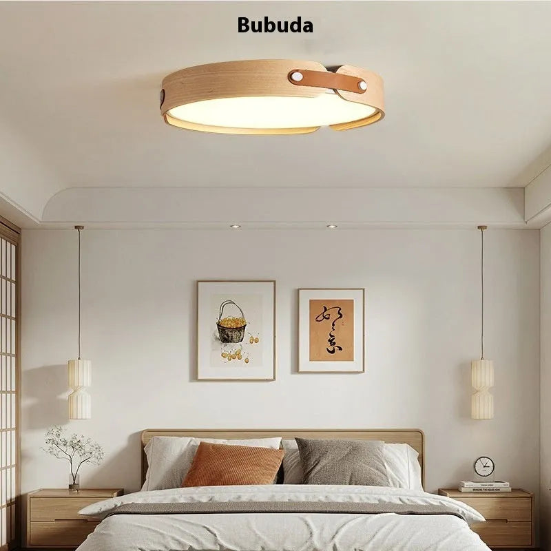 Japanese style walnut bedroom ceiling lamp with wooden shade and PMMA lampshade