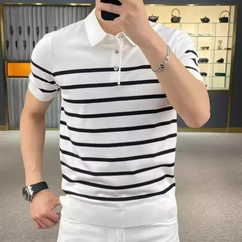 Black and white striped knitted t-shirt with a lapel neckline, shown in a pullover style.