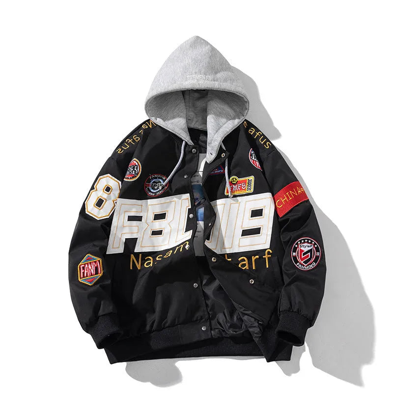 Black motorcycle baseball uniform jacket with removable hood shown in loose fit sizing