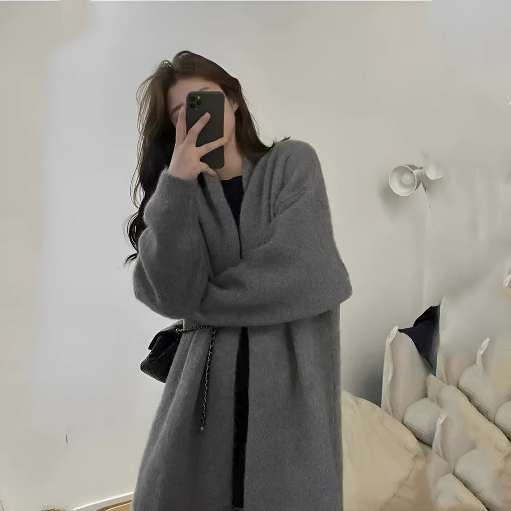 Women's loose thick chenille cardigan sweater with 3D knit pattern in dark grey