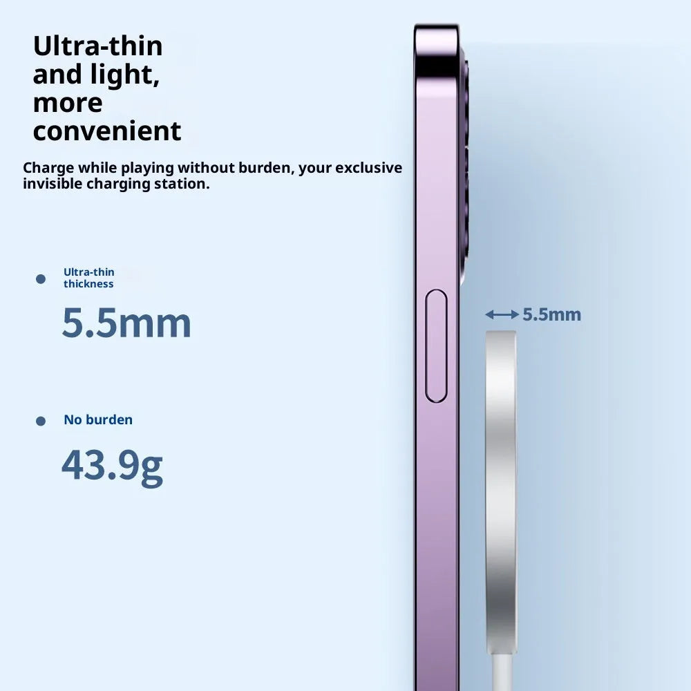 White simulation Apple style 15W strong magnetic suction wireless charger on a desk