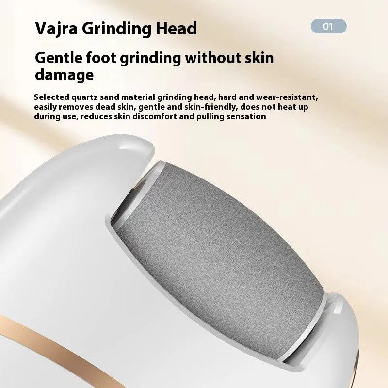 White electric foot grinder with coarse and fine grinding heads for dead skin and callus removal with auto debris suction