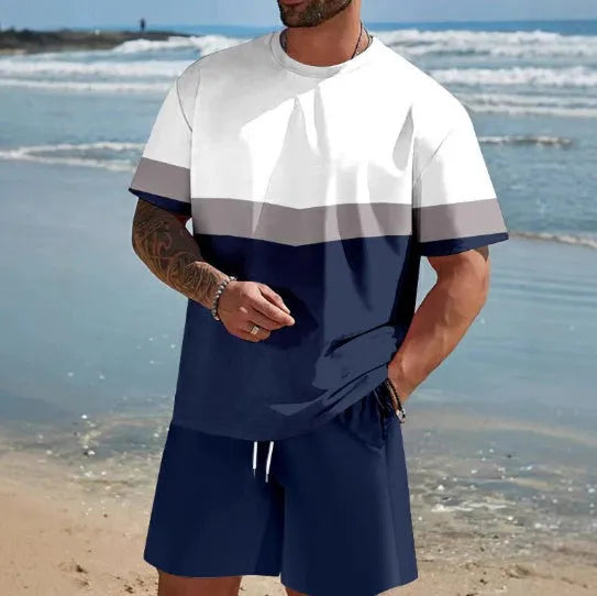 Men's loose-fit polyester summer set with short-sleeved T-shirt and matching shorts