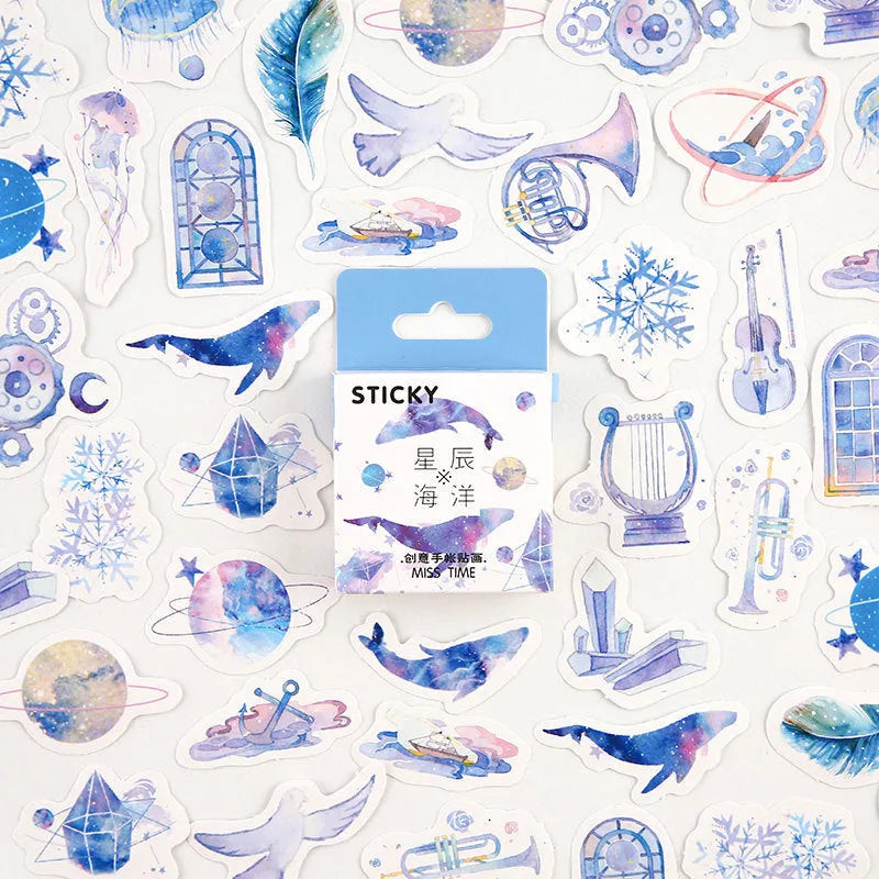 46-piece decorative cartoon sticker pack for journals with small 30x37mm designs in nine colour themes