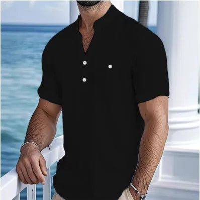Men's linen blend stand collar short sleeve T-shirt in loose casual fit