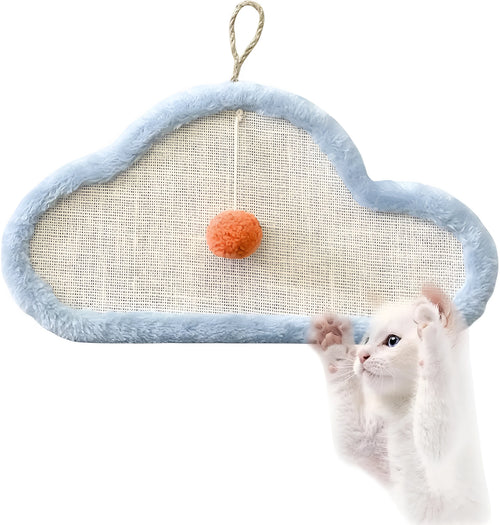 White cat scratching mat with sleeping cat pattern and curved shape