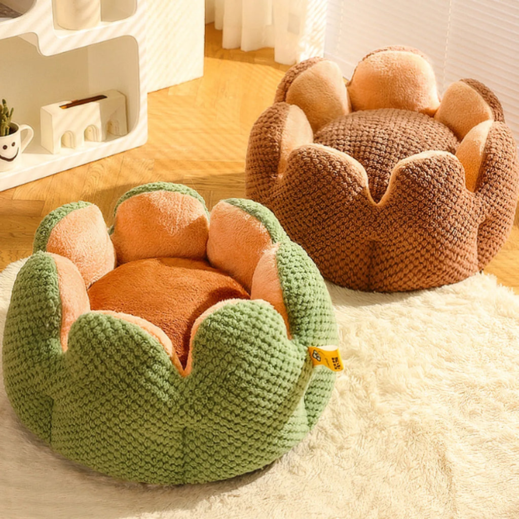 Green cactus petal shape plush pet bed for cats and dogs on hardwood floor