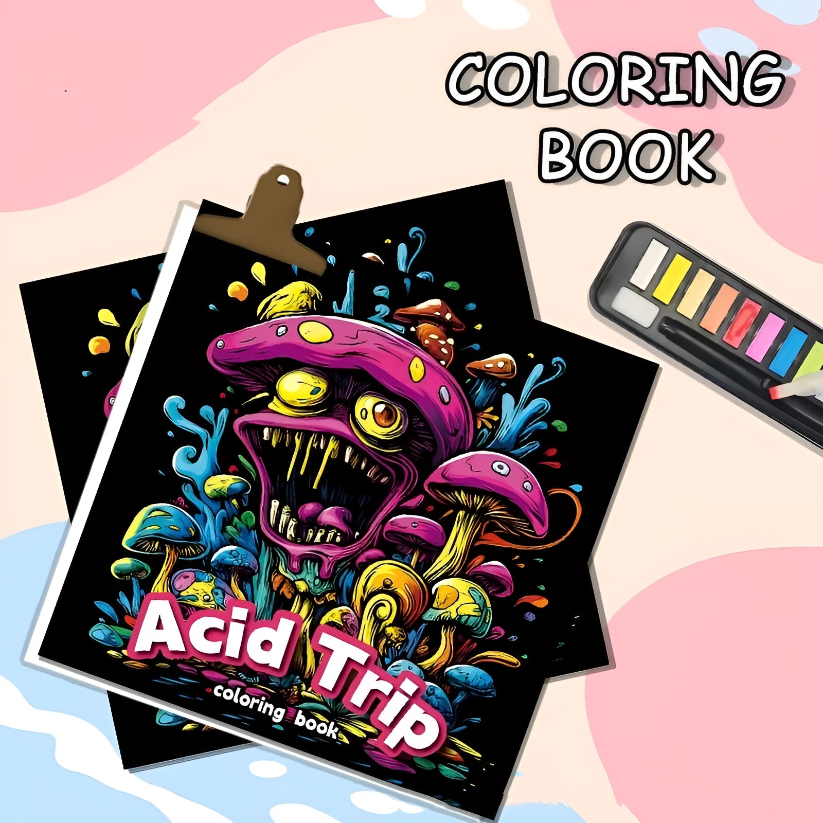 Acid tour coloured Creative Painting Book showing its 200mm length and paper pages.
