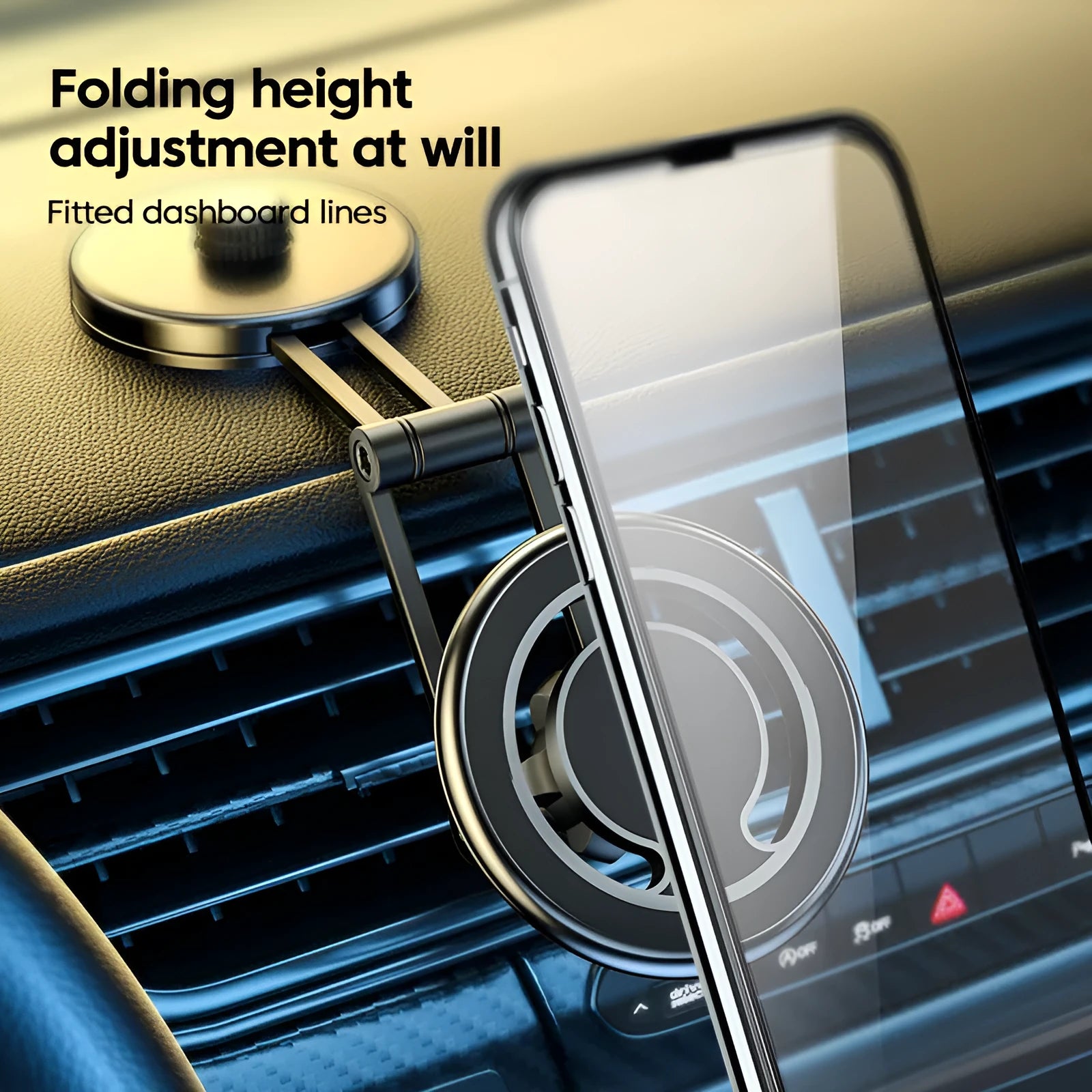 Telescopic folding magnetic car phone holder in black or silver on a car instrument panel