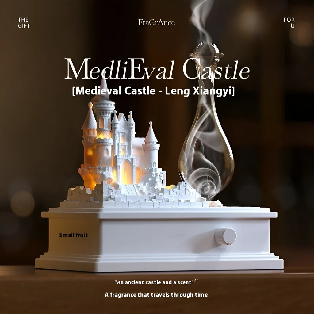 White composite gypsum medieval castle aromatherapy machine with USB charging port on wooden table