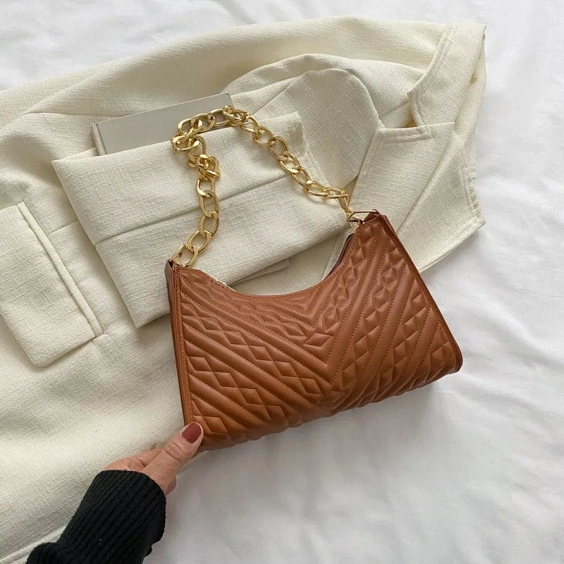 Brown PU leather pleated chain baguette shoulder bag with adjustable strap and soft carry handle