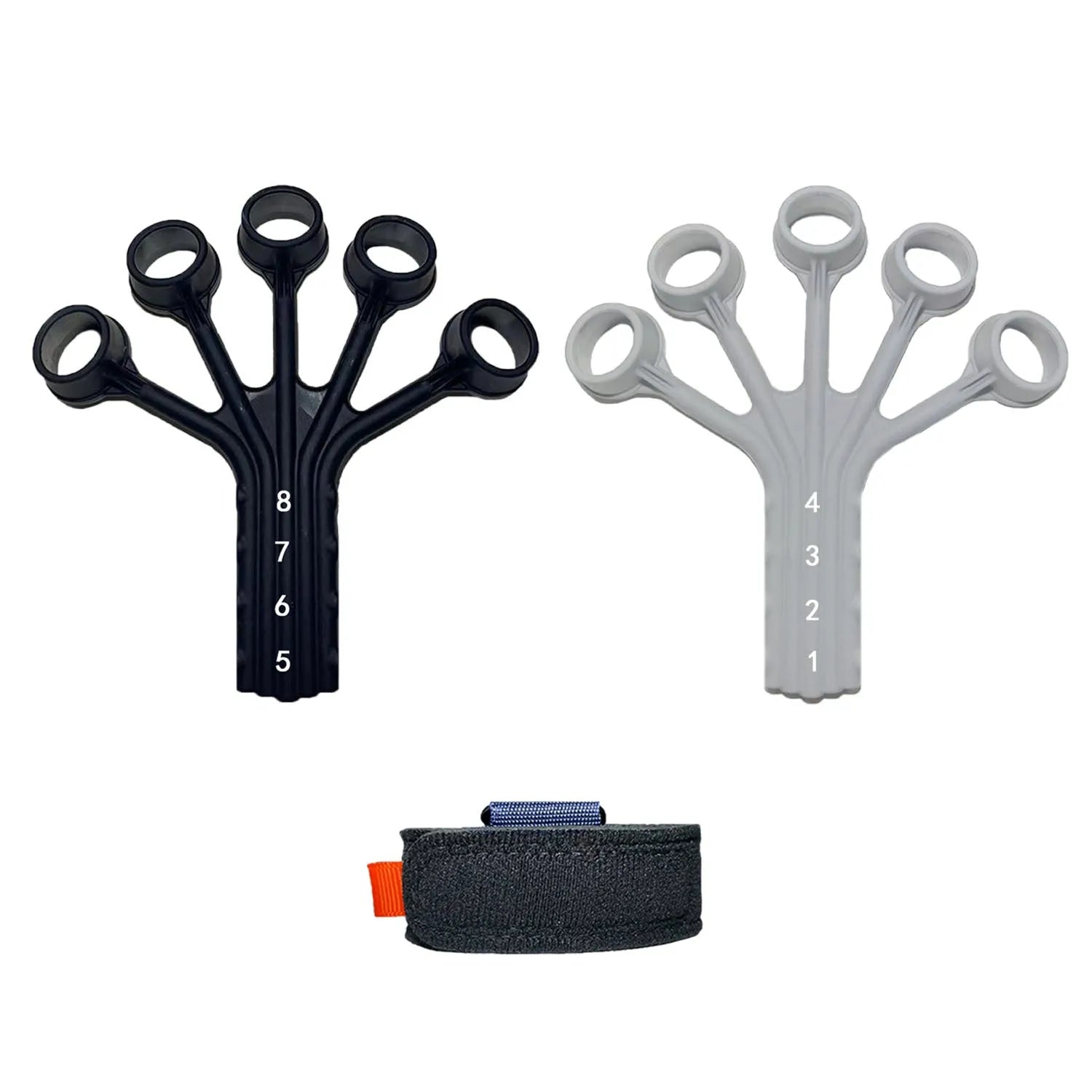 Black silicone finger flexion and extension trainer with adjusting belt for hand therapy