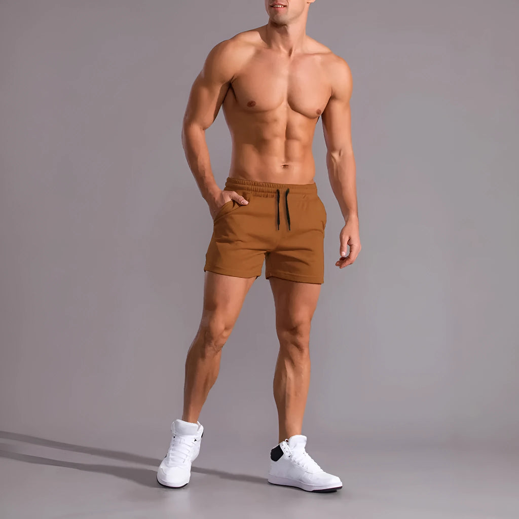 Men's three-pack drawstring shorts in black, khaki and light brown colours with elastic waistband