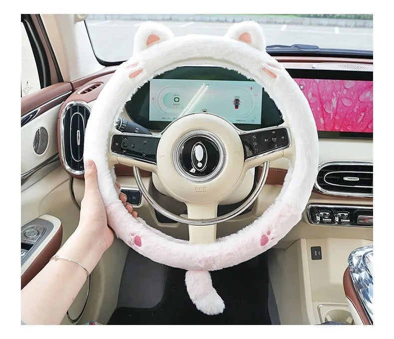 Plush car steering wheel cover with embroidered animal design for winter thermal insulation