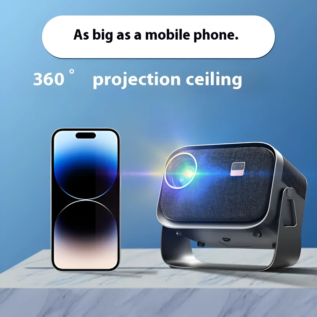 White portable Android smart projector on a table, showing a phone screen mirrored onto a wall displaying a movie scene.