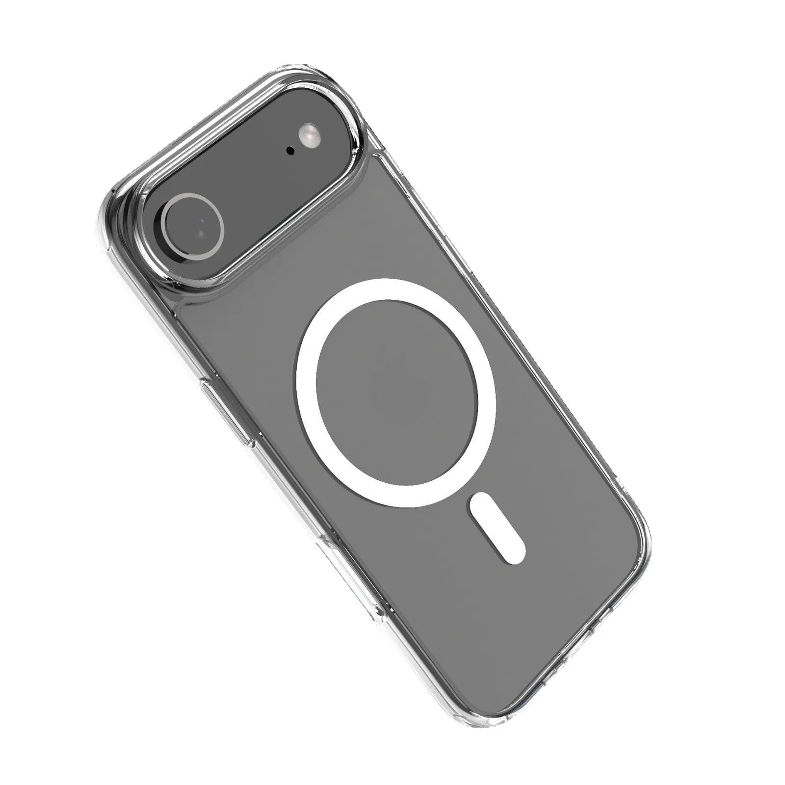 Transparent magnetic phone case for iPhone 17 Pro showing clear TPU construction with magnetic rings visible