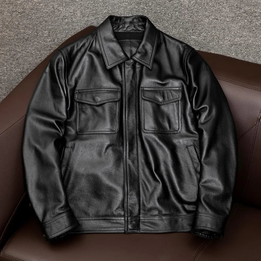 Men's black plus size lapel leather jacket with side pockets and loose fit design