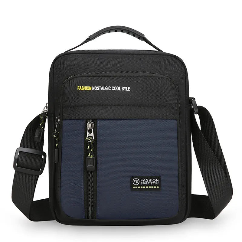 Men's nylon crossbody messenger bag shown in available colours: green, gray, black, and blue.