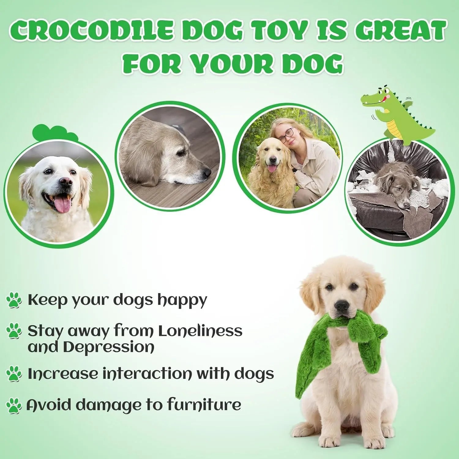Green crocodile-shaped no-stuffing squeaky dog toy with crinkle paper tail