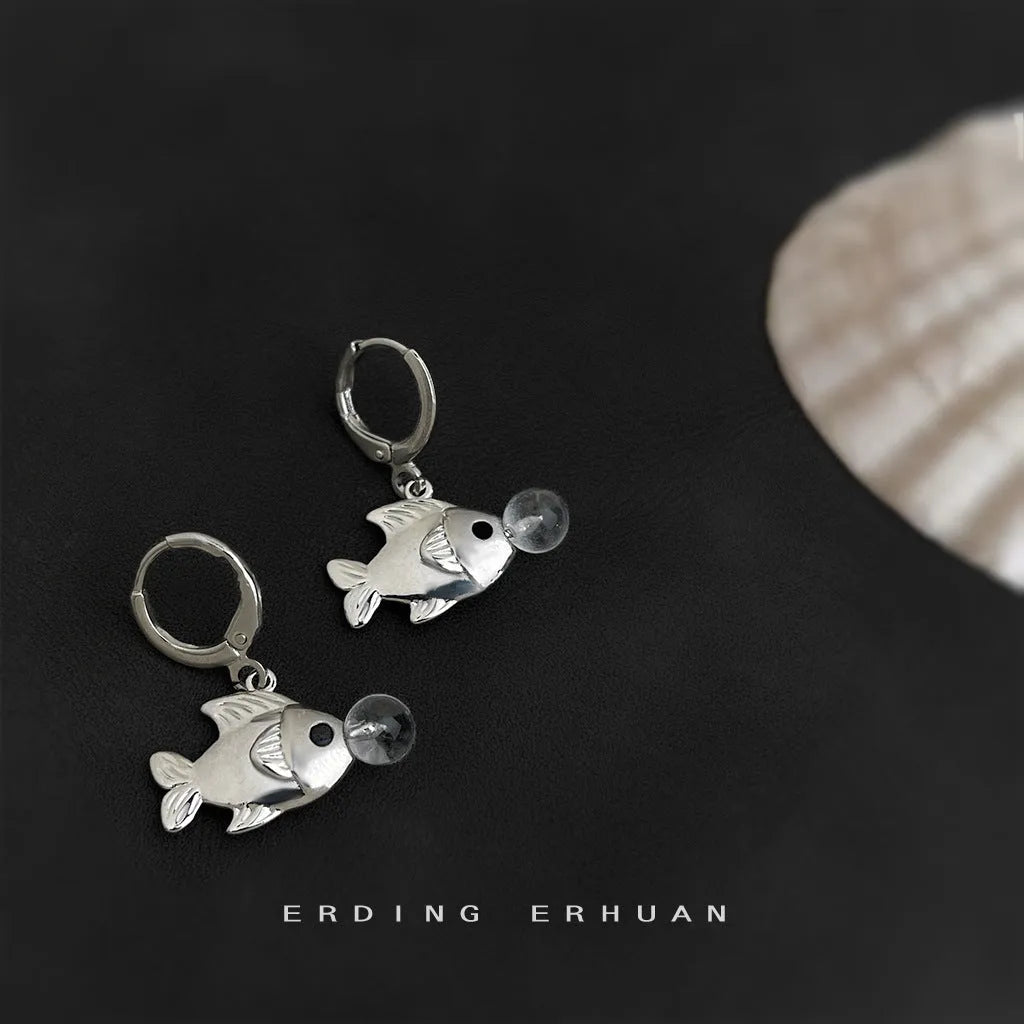 Women's copper fish earrings with goldfish design and bubble electroplating finish