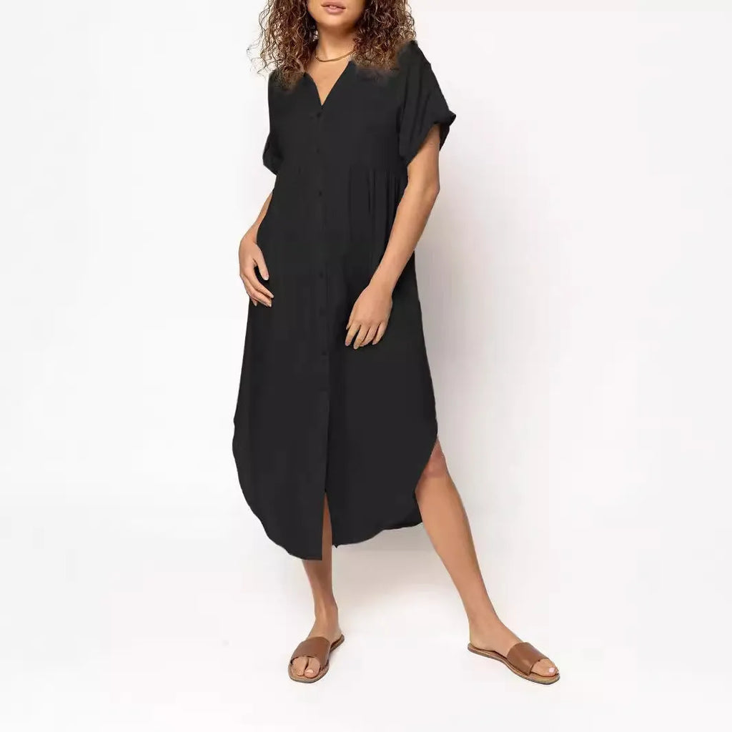 A mid-length casual dress with button detail on the front, shown in a solid colour.