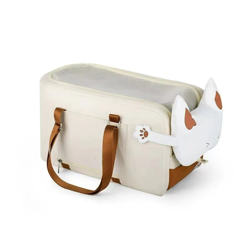 Hard-sided beige pet carrier with one shoulder strap, dimensions 43x25x22.5cm for pets to 15kg
