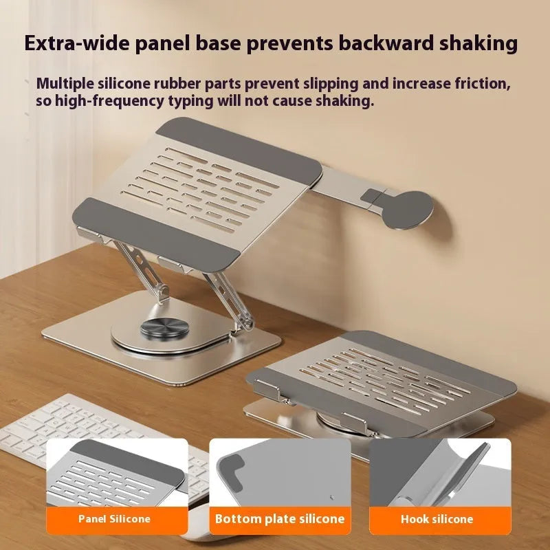 Silver carbon steel laptop stand with side-mounted magnetic phone holder rotated for viewing