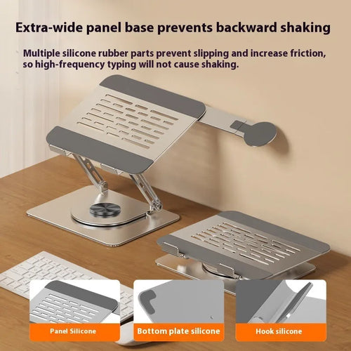 Silver carbon steel laptop stand with side-mounted magnetic phone holder rotated for viewing