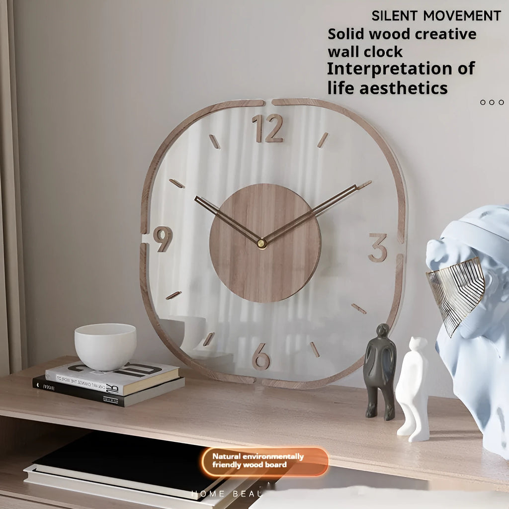 Transparent wooden frame wall clock with modern design measuring 35cm square