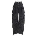 Women's high waist wide leg denim trousers with multiple pockets in tie-dyed blue colour