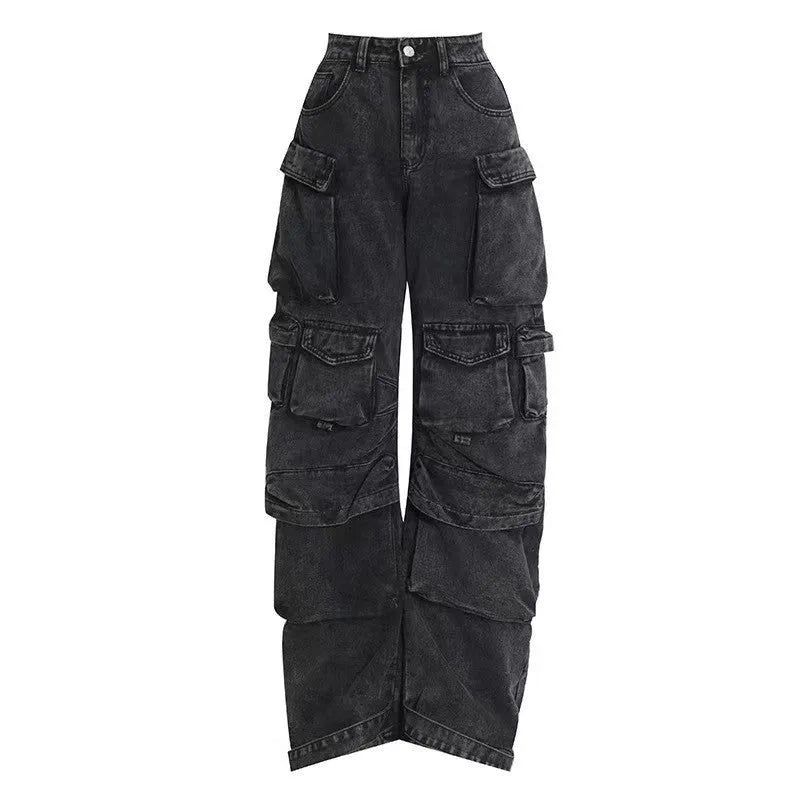 Women's high waist wide leg denim trousers with multiple pockets in tie-dyed blue colour
