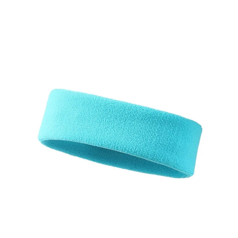 Solid colour sports anti sweat band with elastic widening design shown in black, red, blue, rose red, and sky blue.