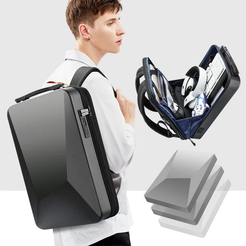 Hard-shell PC gaming backpack with lock showing internal organisation compartments and double shoulder straps
