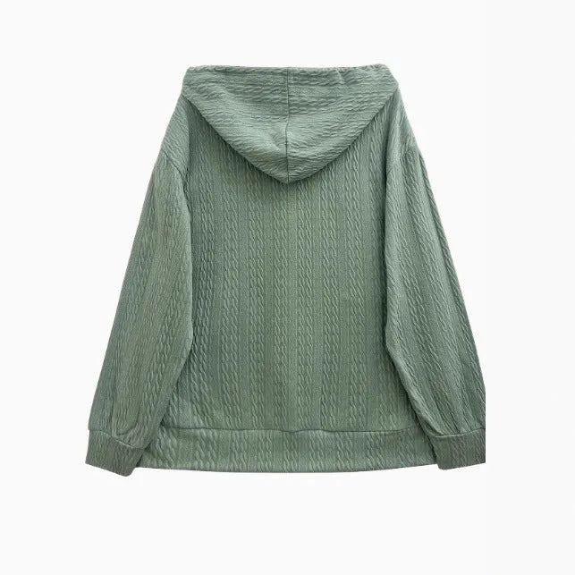 Green women's hooded zipper coat with Korean casual styling and front zipper closure
