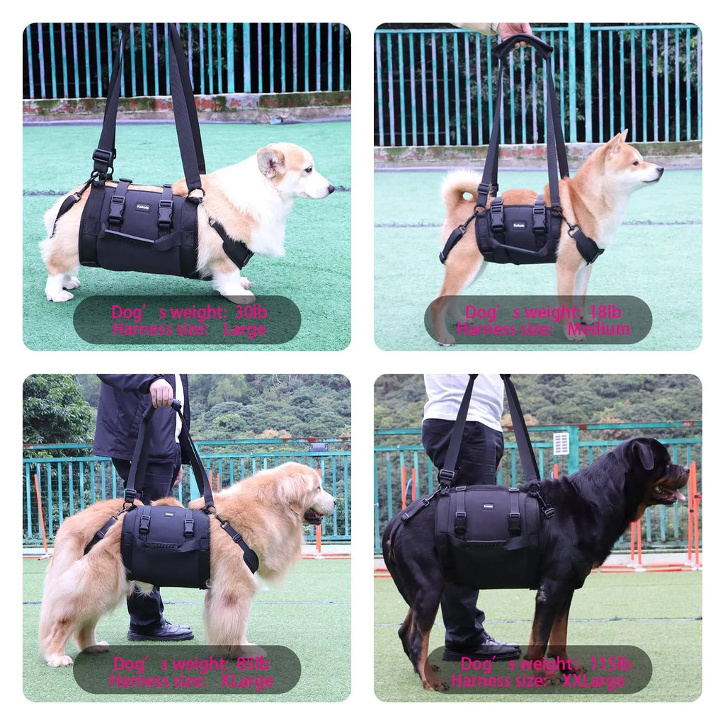 Black Oxford cloth dog rehabilitation support harness showing breast strap design for leg and chest support