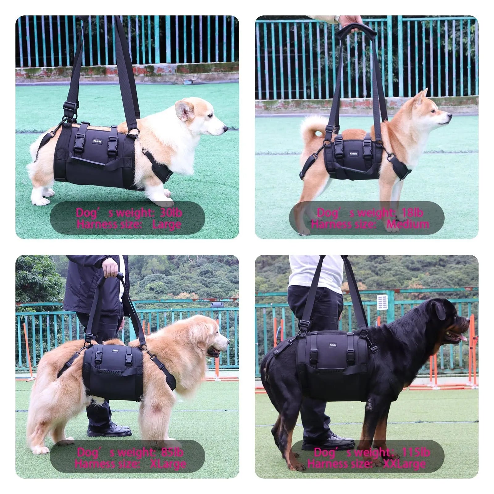 Black Oxford cloth dog rehabilitation support harness showing breast strap design for leg and chest support