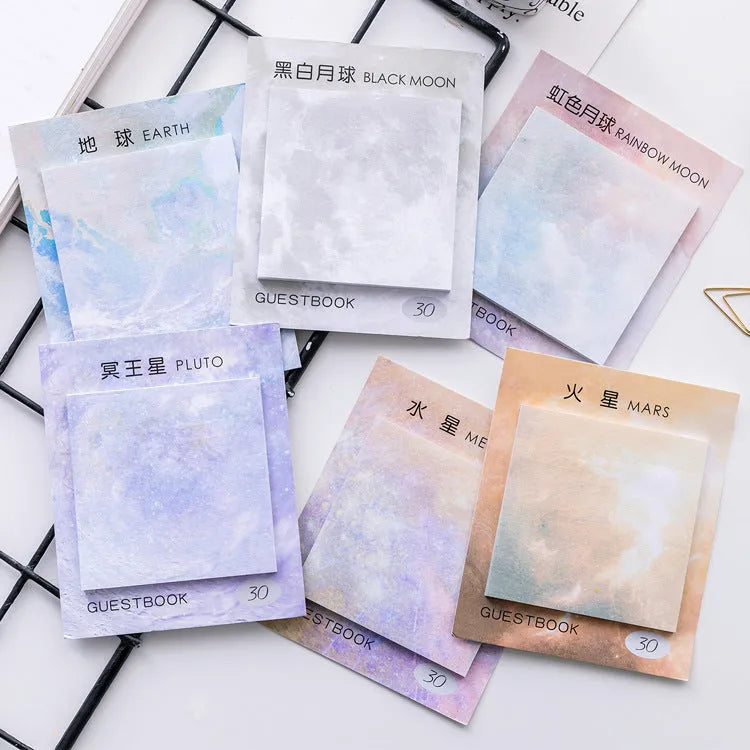 Square planet sticky note pad with oil painting artwork showing six planetary design options