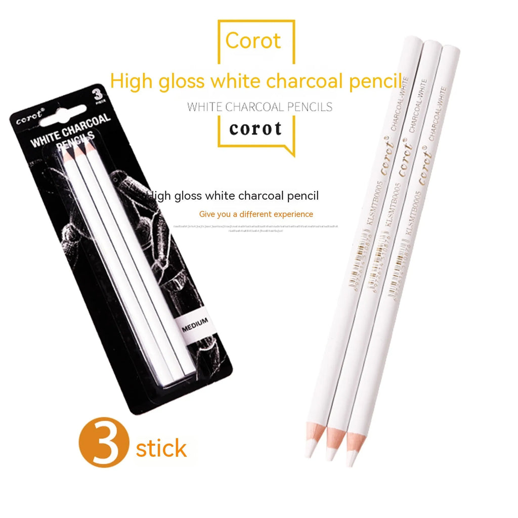 White charcoal pencils in wooden casing for drawing on dark paper with moderate hardness lead