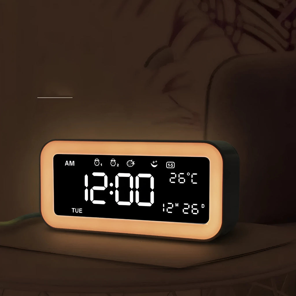 American style rectangular LED atmosphere alarm clock with multicoloured lighting in blue colour option