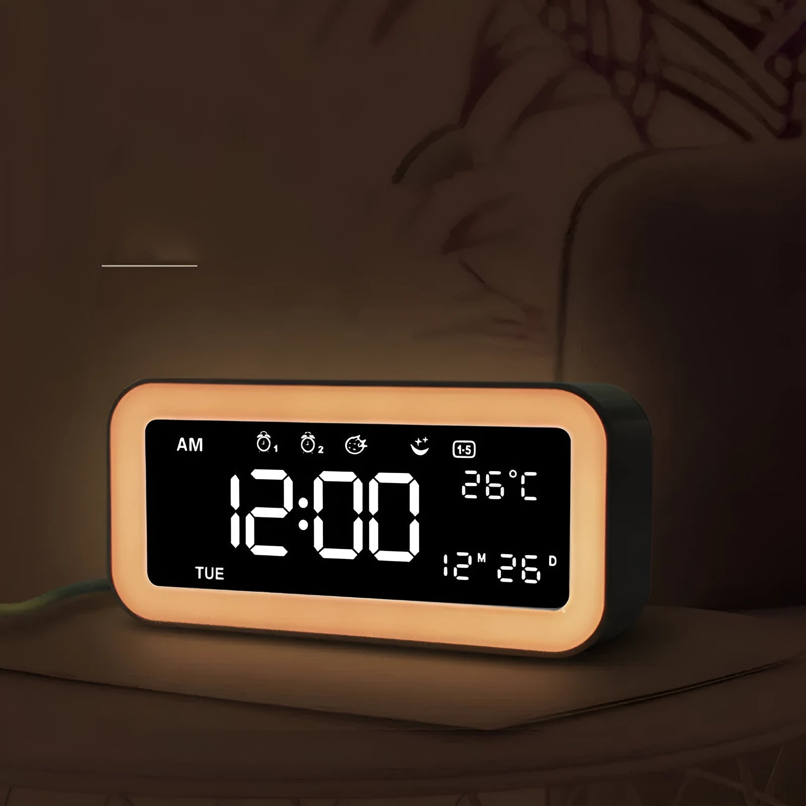 American style rectangular LED atmosphere alarm clock with multicoloured lighting in blue colour option