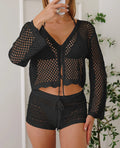 Short women's cardigan blouse with bell sleeves in a hollow woven cotton-like fabric.