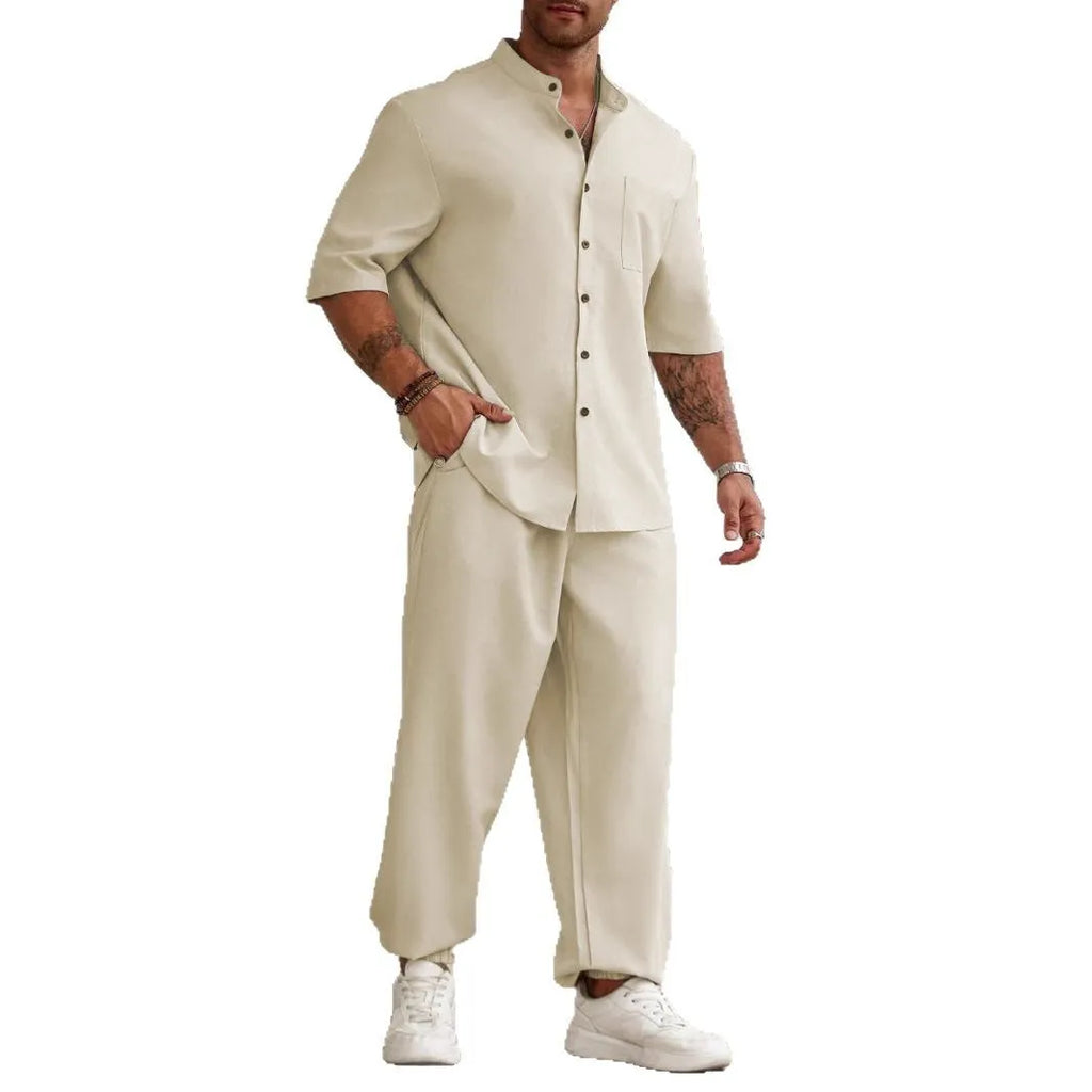 Men's linen cotton short sleeve button shirt with matching trousers casual set in three colours